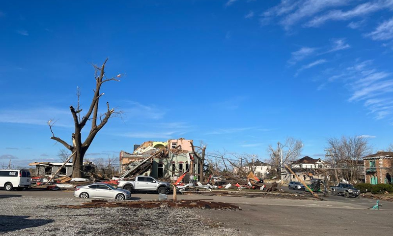 Photo taken on Dec. 11, 2021 shows houses damaged in tornadoes in Mayfield, Kentucky, the United States.Photo:Xinhua