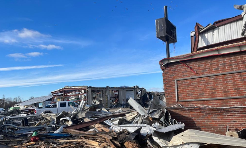 Photo taken on Dec. 11, 2021 shows a heap of rubble after tornadoes in Mayfield, Kentucky, the United States.Photo:Xinhua