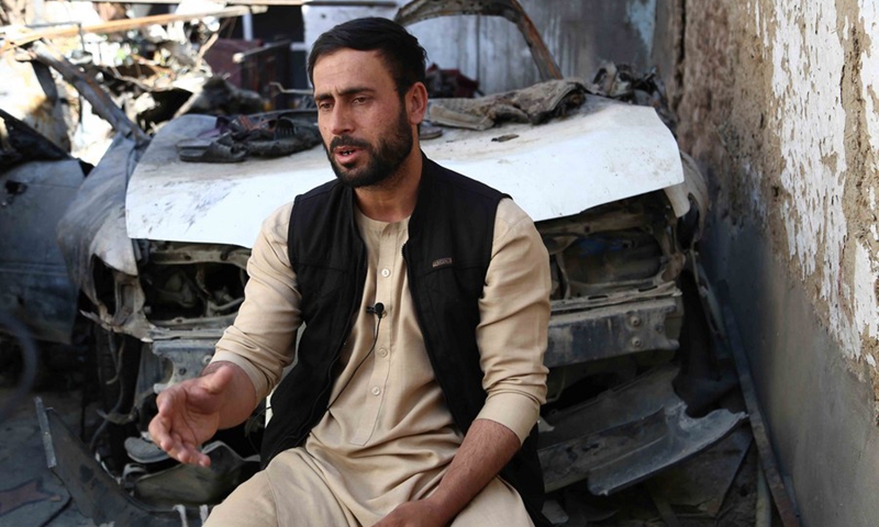 Emal Hamedi, a survivor of the U.S. drone strike, is seen at a site of the attack in Kabul, capital of Afghanistan, Sept. 18, 2021. (Photo: Xinhua)