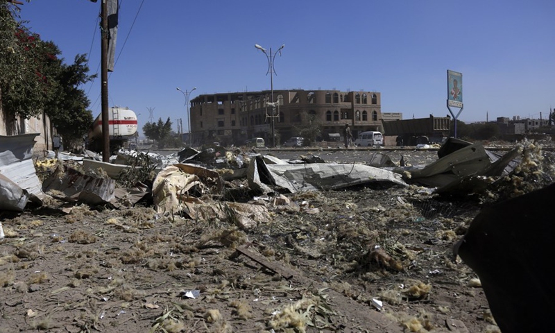 The photo taken on Dec. 16, 2021 shows the debris of a destroyed warehouse in Sanaa, Yemen's capital.(Photo: Xinhua)