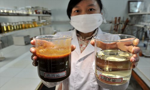 A lab worker shows examples of unprocessed raw gutter oil and the biodiesel fuel it can become after treatment. Photo: CFP