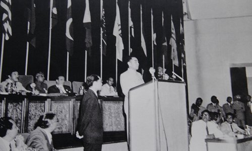 Zhou Enlai delivers a speech at the Asian-African Conference, or Bandung Conference, in Indonesia in 1955. Premier Zhou proposed the guidelines of 