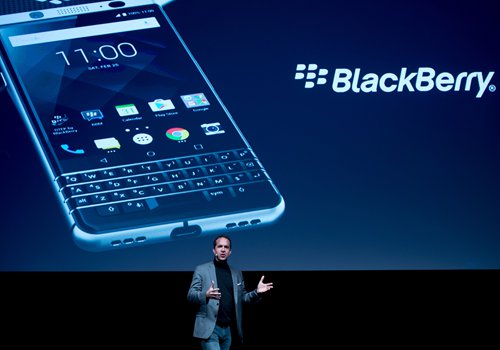 TCL Communication's CEO Nicolas Zibell presents the new BlackBerry KEYone at the Mobile World Congress center in Barcelona, Spain, on Saturday. The new phone will be available in April and is priced around $549, in line with premium phones from Apple, Samsung and Huawei, Reuters reported. TCL, which sells its phones in 160 countries and regions, did not specify which would be first to offer the KEYone. Photo: CFP