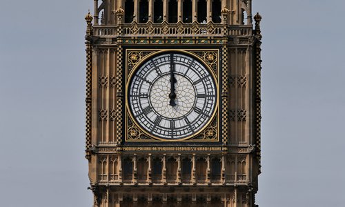 One of the four faces of the Great Clock of the Elizabeth Tower is seen at the Houses of Parliament in central London on Monday. Britain's much-loved Big Ben will fall silent for four years staring next week as conservation work is carried out on the famous 19th century bell.  Photo: AFP