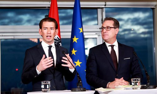 Sebastian Kurz (L), leader of the People's Party, and Heinz-Christian Strache, leader of the Freedom Party, attend a press conference in Vienna, capital of Austria, Dec. 16, 2017. The People's Party and the Freedom Party will form a coalition government for the coming five years. Sebastian Kurz will be the chancellor and Heinz-Christian Strache will be the vice chancellor.Photo:Xinhua