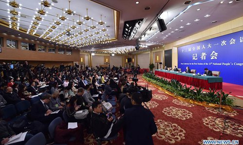 A press conference on reform and development of state-owned enterprises is held on the sidelines of the first session of the 13th National People's Congress in Beijing, capital of China, March 10, 2018. (Xinhua/Li Xin)
