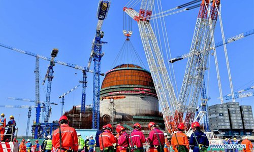 A hemispherical dome is successfully installed for the No. 6 unit of China National Nuclear Corporation's Fuqing nuclear power plant in southeast China's Fujian Province, March 21, 2018. In May of 2017, a containment dome was installed on the No. 5 unit of the nuclear power plant, the first reactor featuring the Hualong One design. (Xinhua/Wei Peiquan)
