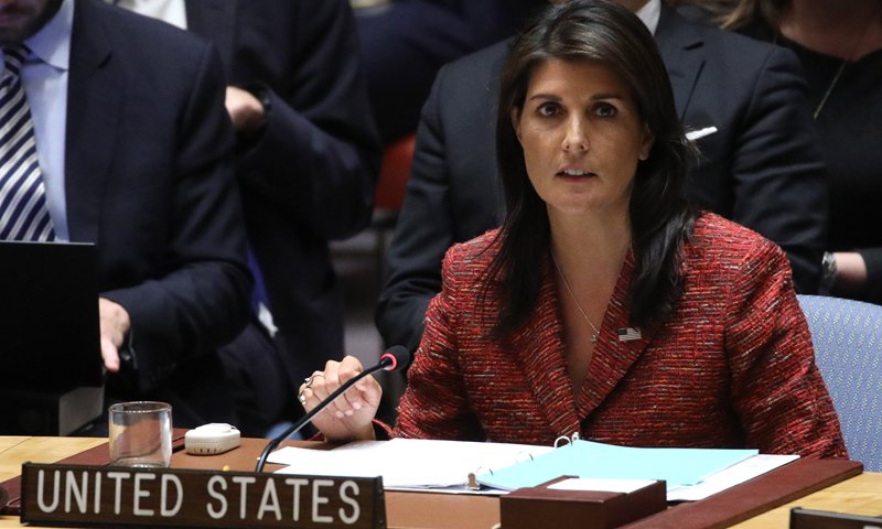 Reports indicate that Nikki Haley has resigned as United States ambassador to the United Nations on Tuesday. US President Donald Trump has accepted her resignation. In this file photo Haley is seen attending a UN Security Council meeting in New York on April 10. Photo: VCG