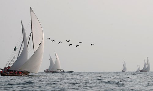 Emirati competitors sail their dhows as they take part in the Dalma Sailing Festival off the coast of Dalma island in the Persian Gulf, some 40 kilometers from capital Abu Dhabi on Thursday. Photo: AFP