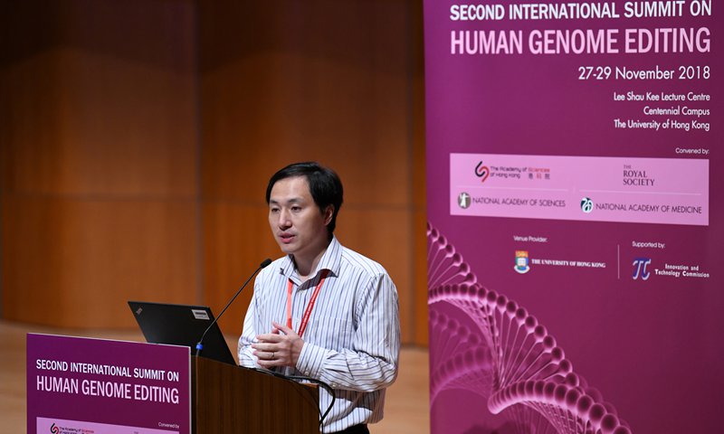 Chinese scientist He Jiankui presents his gene-editing experiment at the Second International Summit on Human Genome Editing in Hong Kong on Wednesday. Photo: AFP