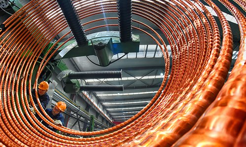 Workers check copper wire in a plant in Southwest China's Chongqing Municipality. Photo: VCG