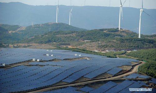 Photo taken on March 13, 2018 shows the Pingjing photovoltaic (PV) power station and Dahaizi wind power station in Weining County, southwest China's Guizhou Province. Great efforts have been made in Weining to promote the development of green energy industry, including the wind power generation and the PV power generation. China has pledged to coordinate its efforts of environmental protection and economic development in 2019, an important year for winning the tough battle against pollution. At the annual Central Economic Work Conference earlier this month, authorities called for building on this year's achievement in pollution control, making more efforts and input in 2019. Since the turn of this year, China has made solid efforts to combat pollution and seen constant improvement of the environment. The Central Economic Work Conference made it clear that local governments must avoid past simple and unscrupulous practices in dealing with environmental problems. (Xinhua/Li Xin)