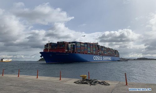 COSCO Shipping Pisces, one of the world's largest container ships with a capacity of 20,000 TEU, is seen towed towards the dock of Piraeus port, Greece, Feb. 15, 2019. The ship has sailed nearly a month from China, and it will dock at Piraeus for 24 hours before starting its trip to the port of Antwerp in Belgium. (Xinhua/Yu Shuaishuai) 