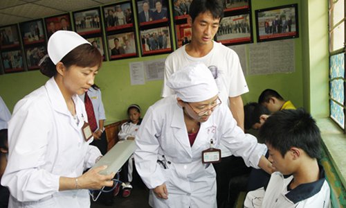 Doctors in Kunming, Southwest China's Yunnan Province join an exercise of emergent school food safety incidents with students in August 2012. Photo: VCG