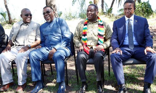 Botswana's President Mokgweetsi Masisi, Namibian President Hage Geingob, Zimbabwean President Emmerson Mnangagwa and Zambian President Edgar Lungu (from L to R) pose for photos during the 2019 Elephant Summit in Kasane, northeastern Botswana, on May 7, 2019. The leaders of Botswana, Namibia, Zambia and Zimbabwe have agreed to pursue an integrated response to global outcry over the anticipated re-introduction of elephant hunting. (Photo: Xinhua)