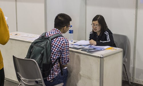 A job seeker is interviewed at a job hunting meeting in Chengdu, Southwest China's Sichuan Province, on Saturday. Photo: IC