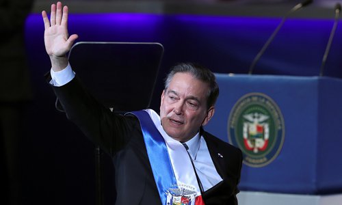 Panama's new president Laurentino Cortizo gestures during his inauguration ceremony, in Panama City, Panama on Monday. Cortizo announced that he would create a special unit to get the country off corruption and money-laundering watchlists. Photo: VCG