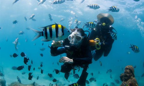 Tourists enjoy diving at the Boundary Island Tourist Attraction in Lingshui County, south China's Hainan Province, July 20, 2019. Boundary Island in south China's Hainan Province is hosting its first series of diving-themed activities from July 19 to 21, attracting diving enthusiasts, tourists, marine ecologists and diving equipment dealers worldwide. The PADI (Professional Association of Diving Instructors) Women Dive Day event was also held here on Saturday alongside the main events. (Xinhua/Yang Guanyu) 