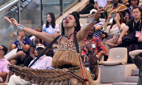 An actress from the Democratic Republic of the Congo (DRC) performs during the DRC Day event at the Beijing International Horticultural Exhibition in Beijing, capital of China, July 31, 2019. The event was held at the Beijing International Horticultural Exhibition on Wednesday. (Xinhua/Li Xin) 