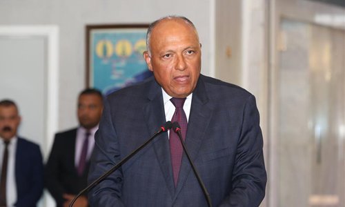 Egyptian Foreign Minister Sameh Shoukry speaks at a joint press conference in Baghdad, Iraq, on Aug. 4, 2019. Foreign ministers of Iraq, Egypt and Jordan held a meeting on Sunday in Baghdad aimed at boosting Arab relations and seeking to ease tension in the Middle East region. (Xinhua/Khalil Dawood)