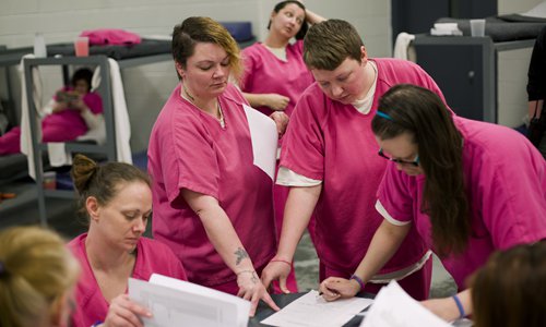 Female prisoners look at lists of books in Campbell County Jail in Jacksboro, Texas, on March 20, 2018. Photo: IC
