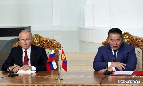 Russian President Vladimir Putin (L) and Mongolian President Khaltmaa Battulga attend a press conference in Ulan Bator, Mongolia, Sept. 3, 2019. Mongolia and Russia on Tuesday signed a permanent treaty on friendly relations and lifted bilateral ties to a comprehensive strategic partnership. (Photo: Xinhua)