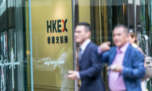 Pedestrians pass by the office of HKEX in Hong Kong. File photo: VCG
