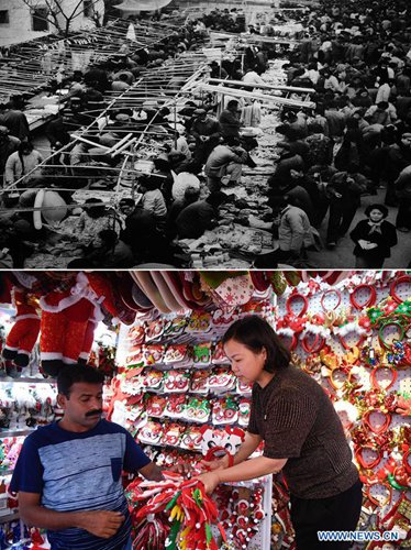 Top: File photo taken in Sept. of 1982 shows Yiwu small commodity market in Yiwu, east China's Zhejiang Province. Bottom: Photo taken on June 26, 2019 by Huang Zongzhi shows vendor Zhu Aijuan (R) selling Christmas commodities at Yiwu International Trade City. Yiwu's small commodity market now has a market area of more than 6.4 million square meters, with 75,000 business stores and more than 2.1 million products sold at home and abroad. In 1949 when the People's Republic of China was founded, the Chinese people faced a devastated country that needed to be rebuilt from scratch after decades of warfare and chaos. After decades of unremitting endeavors and dedication by the Chinese people, China has grown to be the world's second largest economy. In 1952, China's GDP was 30 billion U.S. dollars, while in 2018, its GDP reached 13.61 trillion U.S. dollars, an increase of 452.6 times. A group of combo photos give you a glimpse of what Chinese people did decades ago and what they do right now. Undoubtedly, people from all walks of life in China with hard work and wisdom have made contributions to the country's development. (Photo: Xinhua)