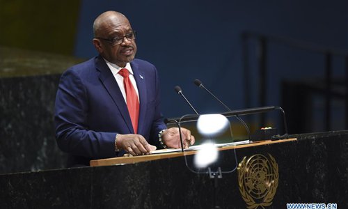 Prime Minister of the Bahamas Hubert Minnis addresses the General Debate of the 74th session of the UN General Assembly at the UN headquarters in New York, on Sept. 27, 2019. (Xinhua/Han Fang)