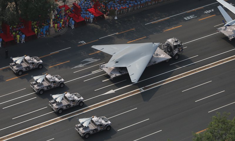 Um drone de ataque furtivo GJ-11 faz sua estreia em desfile durante o desfile do Dia Nacional realizado em Pequim em 1º de outubro de 2019. Foto: Fan Lingzhi/GT