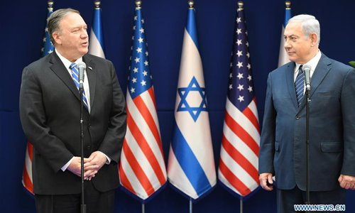 The handout photo by Israeli Government Press Office shows Israeli Prime Minister Benjamin Netanyahu (R) meets with U.S. Secretary of State Mike Pompeo in Jerusalem, on Oct. 18, 2019. Netanyahu held meeting with Pompeo in Jerusalem on Friday, the prime minister's office reported. They discussed security matters in the Middle East, focusing on the tension between Turkey and Kurds in northeastern Syria and the Iranian issue. (Amos Ben Gershon-GPO/JINI via Xinhua)