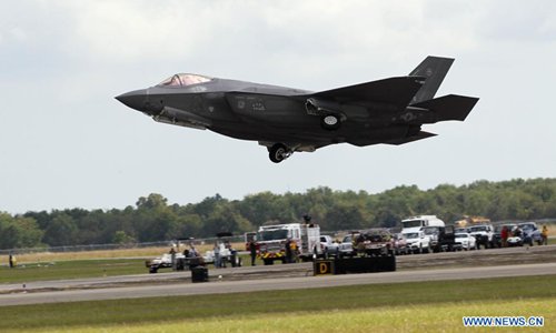 An F-35 fighter jet performs during the annual Wings Over Houston Airshow at the Ellington Airport, state of Texas, the United States, Oct. 19, 2019. The annual airshow kicked off at the Ellington Airport Saturday, with aerial performances and displays. (Xinhua/Song Qiong) 