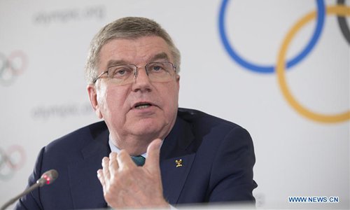International Olympic Committee (IOC) President Thomas Bach speaks at a press conference after the IOC executive board meeting in Lausanne, Switzerland, May 3, 2018. (Xinhua/Xu Jinquan)