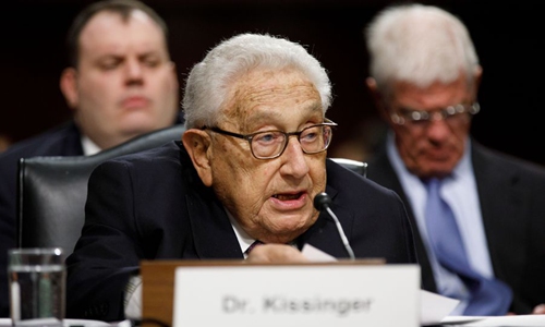 Former US Secretary of State Henry Kissinger (Front) speaks during a Senate Armed Services Committee hearing on Capitol Hill in Washington D.C., the United States, on Jan. 25, 2018. (Xinhua/Ting Shen)