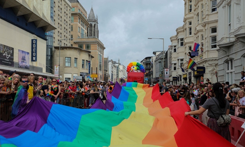 Thousands of people parade in the streets during the Pride event 2019 in Brighton, United Kingdom, on July 3. The event celebrates lesbian, gay, bisexual, transgender and queer (LGBTQ) achievements and rights. Brighton's Pride is considered the most popular Pride event in the UK. Photo: IC