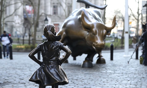 The fearless girl statue facing the bronze bull statue near the Wall Street in New York, the United States, March 9, 2017. The fearless girl was put there by an investment firm to call attention to the lack of gender diversity in management of companies and the fact that they get paid less than men. (Xinhua/Wang Ying)