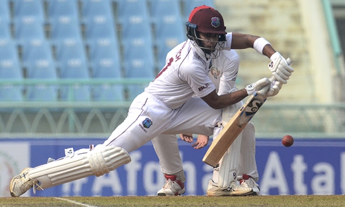 West Indies' Shane Dowrich plays a shot during the second day of the only cricket Test match between Afghanistan and West Indies at the Ekana Cricket Stadium in Lucknow, India on Thursday. Photo: AFP