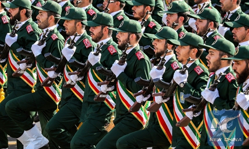 In this file photo taken on Sept. 22, 2018, members of Iran's IRGC march during the annual military parade marking the anniversary of the outbreak of the 1980-1988 war with Iraq, in the capital Tehran. (Xinhua/AFP)
