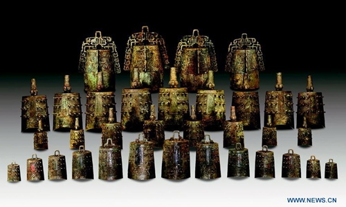 File photo shows bronze chime bells excavated from a tomb of the Spring and Autumn Period (770-476 BC) in Suizhou City, central China's Hubei Province. A total of six archaeological projects were made public by the Institute of Archaeology of the Chinese Academy of Social Sciences (CASS) on Friday as 