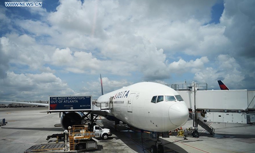 Photo taken on July 20, 2018 shows the passenger plane for the first Atlanta-Shanghai flight at Hartsfield-Jackson Atlanta International Airport in Atlanta, the United States. U.S. airline giant Delta Air Line relaunched a non-stop flight route Friday between Atlanta, state of Georgia, and China's Shanghai. Photo:Xinhua