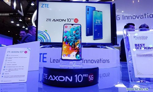China's ZTE presents its Axon 10 Pro 5G cellphone at Mobile World Congress (MWC 2019) in Barcelona, Spain, Feb. 26, 2019. Photo: Xinhua