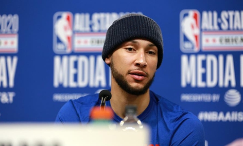 Ben Simmons of the Philadelphia 76ers speaks during NBA All-Star Practice & Media day at Wintrust Arena in Chicago, the United States, on Feb. 15, 2020. Star players attending the 2020 NBA All-Star weekend on Saturday voiced their support for China's fight against the ongoing coronavirus outbreak. (Xinhua/Wang Ping)