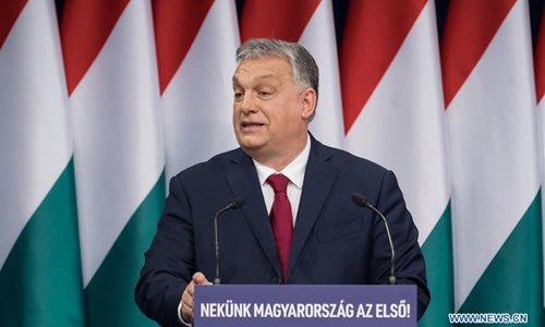 Hungarian Prime Minister Viktor Orban delivers his annual state-of-the-nation speech in Budapest, Hungary, on Feb. 16, 2020. Viktor Orban on Sunday announced a new climate action plan and spoke about future challenges in his annual state-of-the-nation speech. (Photo by Attila Volgyi/Xinhua)
