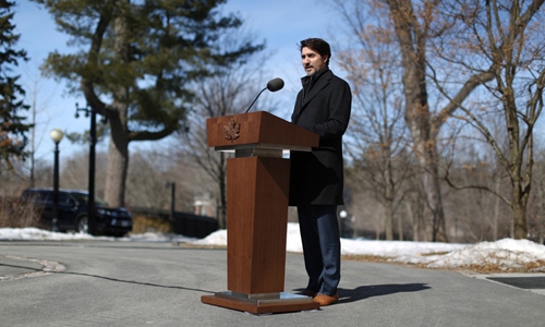 Canadian Prime Minister Justin Trudeau speaks during a news conference on COVID-19 situation in Canada from his residence on March 16, 2020 in Ottawa, Canada. Photo: AFP