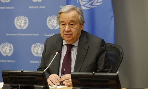 United Nations Secretary-General Antonio Guterres speaks at the launch of the World Meteorological Organization (WMO) Statement on the State of the Global Climate in 2019, at the UN headquarters in New York, on March 10, 2020. (Xinhua/Xie E)