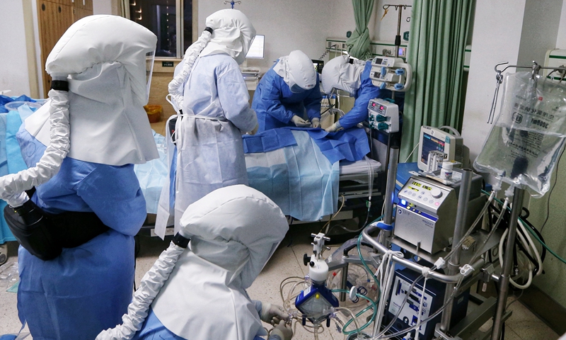 Doctors from East China's Jiangsu Province deployed to Wuhan use ECMO to treat a COVID-19 patient in critical condition at Wuhan First Hospital. Photo: Cui Meng/GT