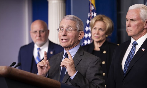 Anthony Fauci (front), director of the US National Institute of Allergy and Infectious Diseases(NIAID), attends a press conference on the coronavirus at the White House in Washington D.C., the United States, on March 2, 2020. (Xinhua/Liu Jie)