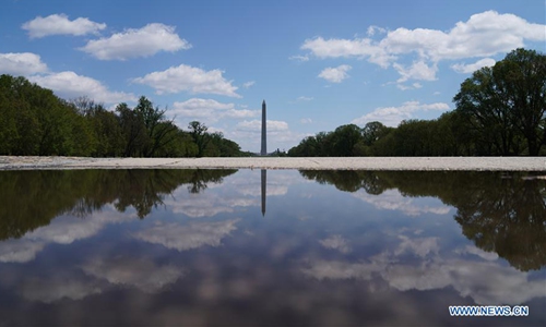 Photo taken on April 16, 2020 shows the Washington Monument in Washington D.C., the United States. The number of COVID-19 cases in the United States topped 650,000 by 4 p.m. local time on Thursday (2000 GMT), according to the Center for Systems Science and Engineering (CSSE) at Johns Hopkins University. (Xinhua/Liu Jie)