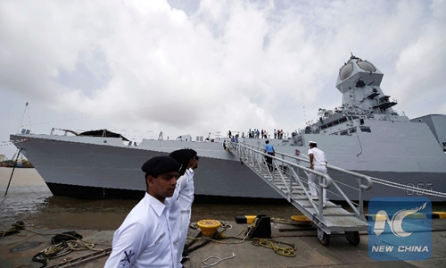File Photo shows an Indian Naval ship (INS) Kolkata berths at the Naval Dockyard in Mumbai, India. Photo: Xinhua