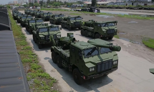 More than a dozen PCL-181 vehicle-mounted howitzers are being delivered to the Chinese People's Liberation Army Eastern Theater Command. Photo: Screenshot from China Central Television